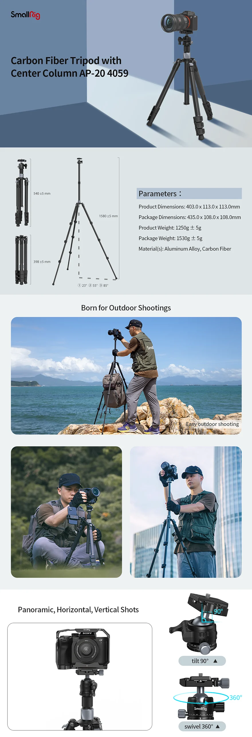 SmallRig 4059 Carbon Fiber Tripod with Center Column AP-20