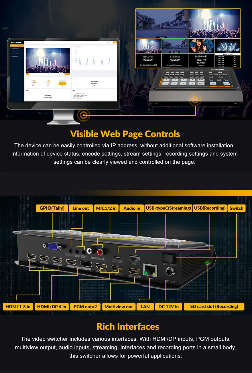 AVMATRIX HVS0401E Micro 4-Channel HDMI & DP Video Switcher with Streaming & Recording