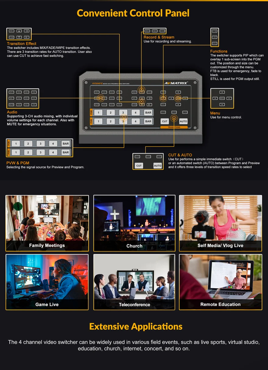 AVMATRIX HVS0401E Micro 4-Channel HDMI & DP Video Switcher with Streaming & Recording