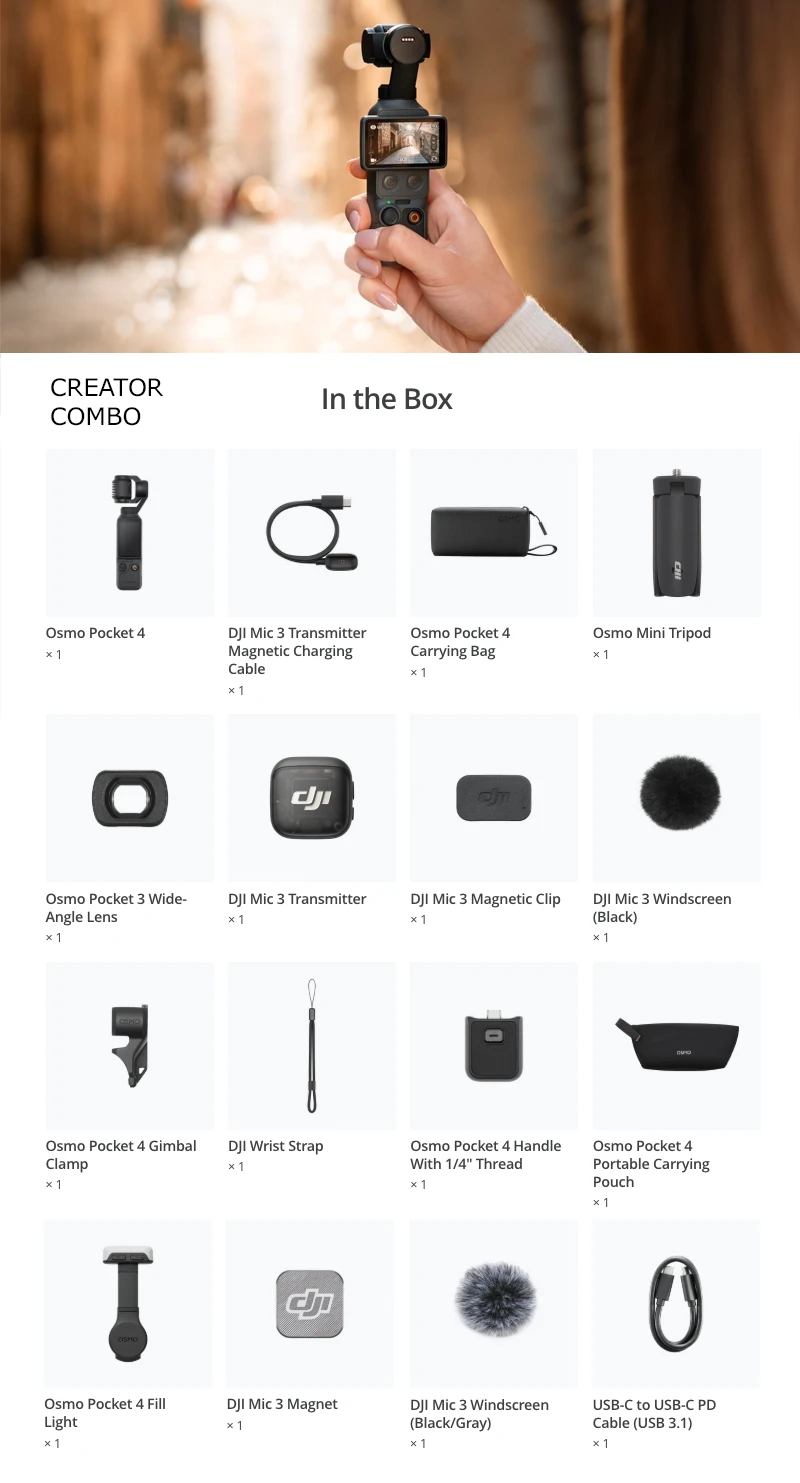 Dji Osmo Pocket 4 Creator Combo in the box