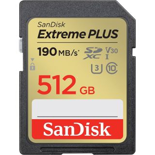 SanDisk Extreme PLUS 512 GB SDXC Memory Card 190 MB/s, UHS-I, Class 10, U3, V30